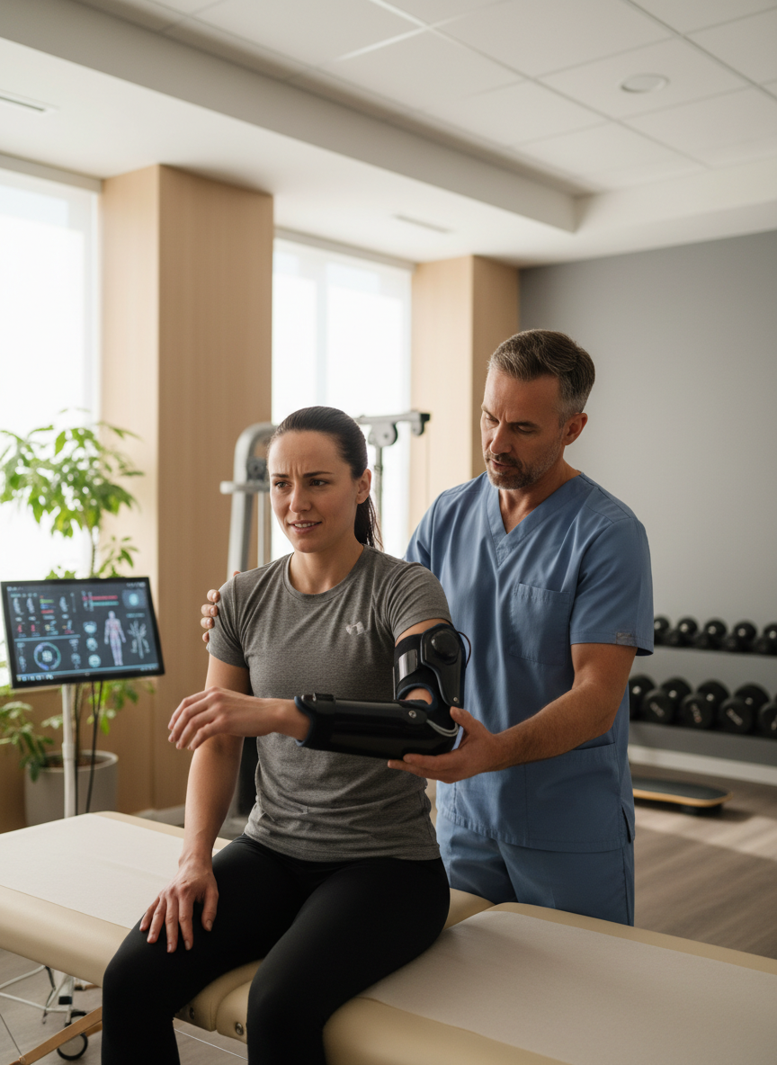 Athlete performing guided physical therapy rehabilitation on the arm and elbow in a bright modern clinic, professional documentary sports-medicine photography, warm neutral tones, focused and hopeful mood