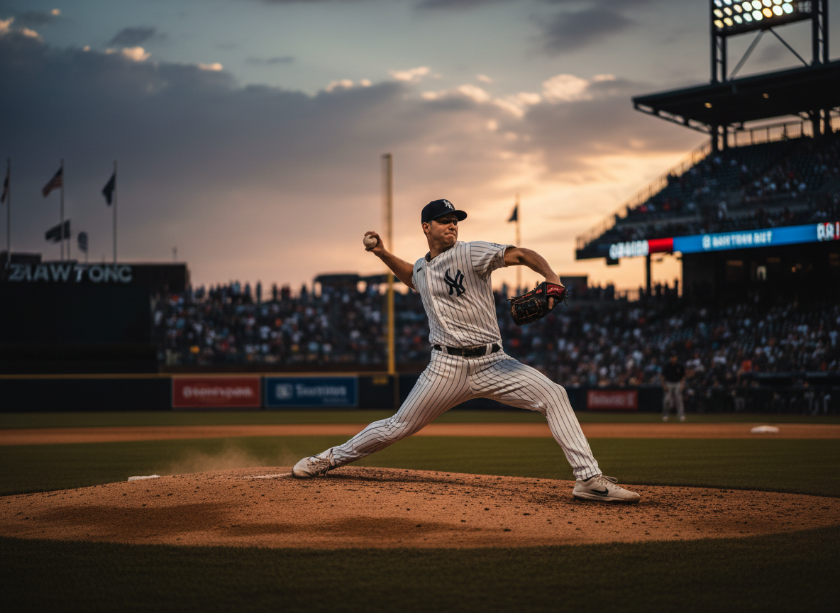 Dramatic wide editorial photograph of a baseball pitcher mid-windup at dusk on a professional field, cinematic side lighting, shallow depth of field emphasizing the throwing arm and elbow, muted earthy tones, professional sports photography, high detail