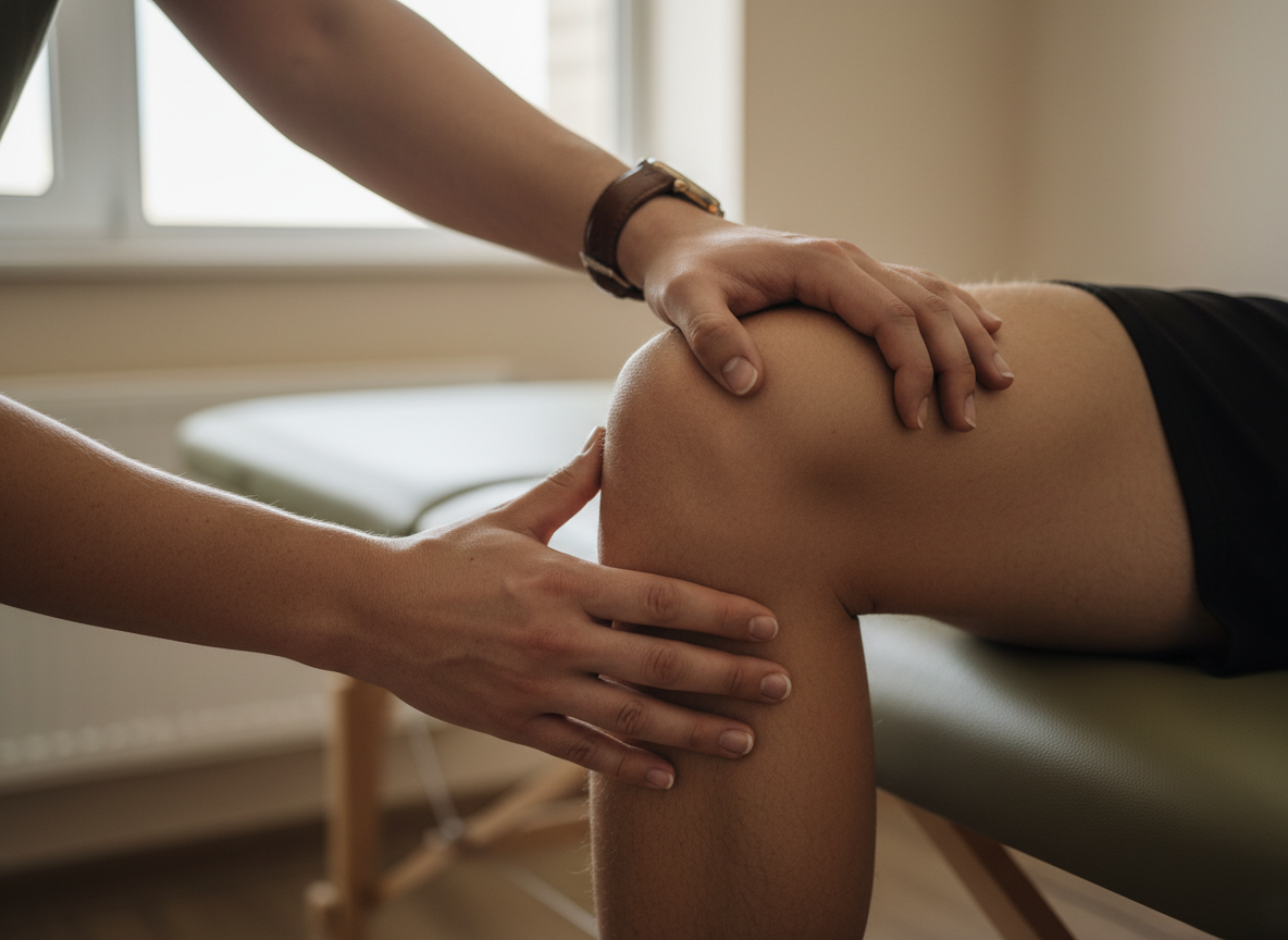 Editorial close-up of a physical therapist's hands assessing an athlete's knee, clinical yet warm, olive and neutral tones.
