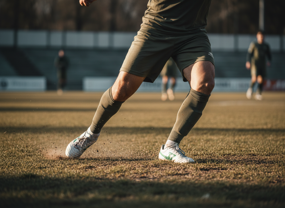 Cinematic wide sports photograph of an athlete's knee in dynamic motion — a player mid-cut planting hard on one leg, dramatic natural light, muted olive and earthy tones.
