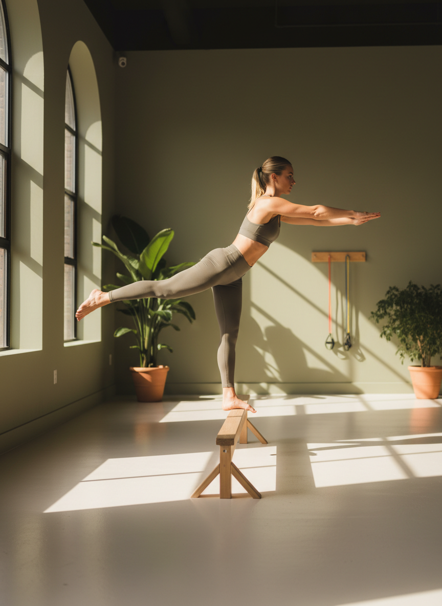 Athlete performing a controlled single-leg balance and strength exercise in a bright gym, focus on knee stability, muted olive and cream palette.