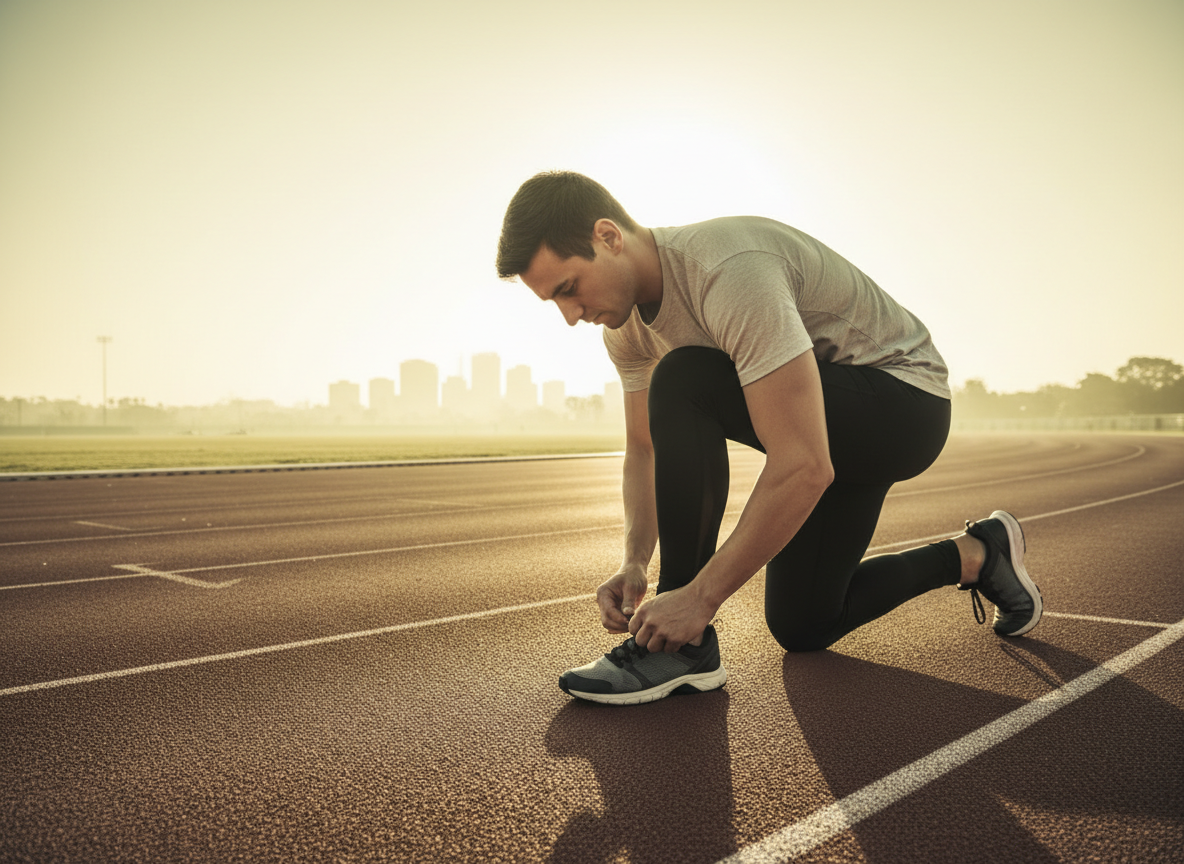 Warm cinematic wide photograph of a runner lacing up shoes at dawn on an empty track, calf muscles engaged, golden soft light with olive and cream grading, aspirational athlete-focused sports mood, no text