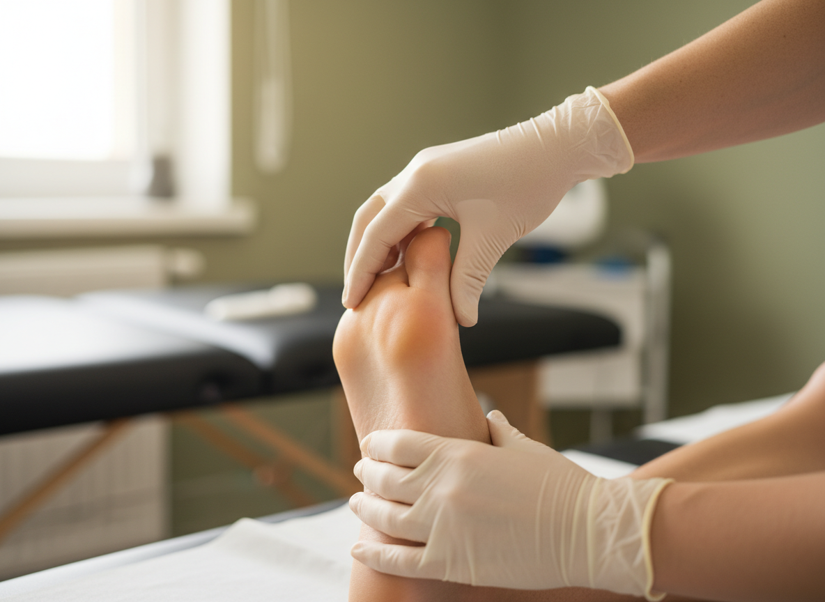 Editorial close-up photograph of a physiotherapist's hands examining an athlete's Achilles tendon and heel, clinical yet warm, soft natural light, muted olive and cream tones, professional sports medicine setting, shallow depth of field