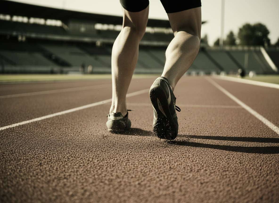 Cinematic full-bleed dramatic photograph of an athlete's lower leg and Achilles tendon area during an explosive sprint start on a track, low camera angle, moody directional lighting, shallow depth of field, muted olive and warm cream color grading, editorial sports-medicine mood, no text